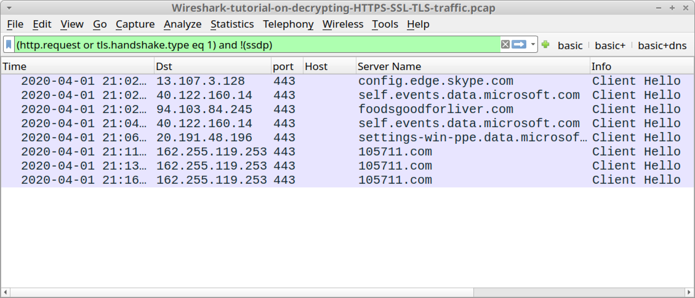 Wireshark-tutorial-on-decrypting-HTTPS-SSL-TLS-traffic.zip - This screenshot shows the pcap from the tutorial on decrypting HTTPS traffic when viewed in Wireshark using the basic web filter without any decryption. 